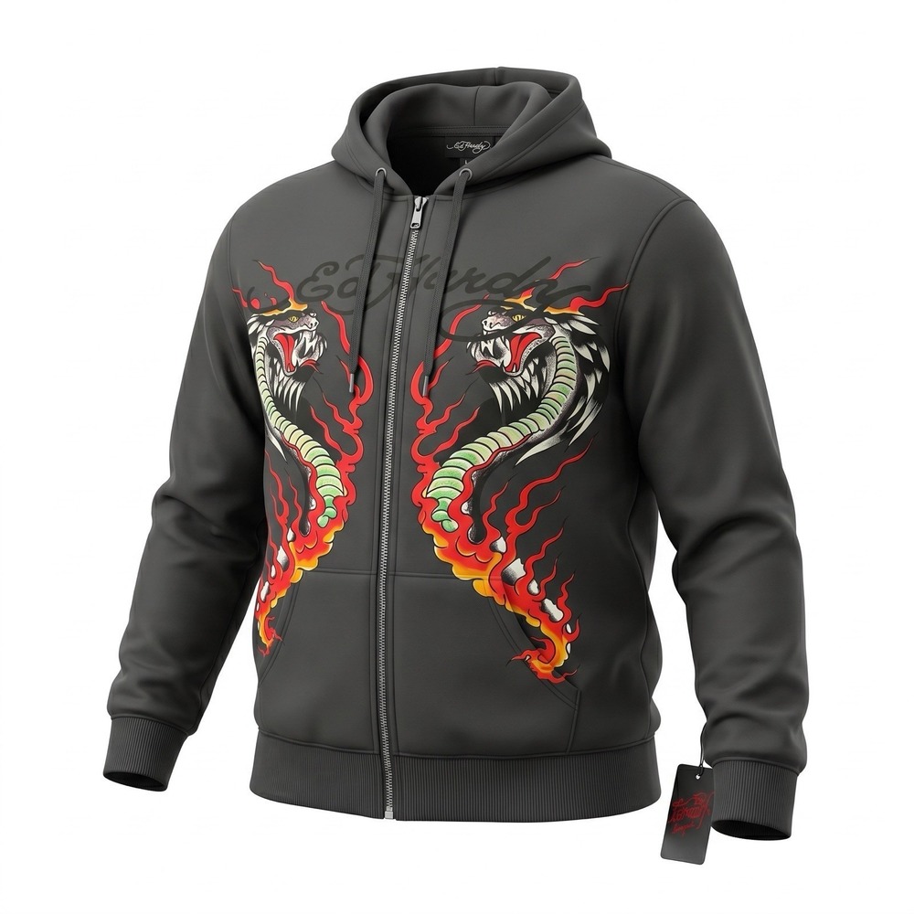 ED HARDY Dragon Flame Zip Hoodie Mens Medium Gray Graphic Sweatshirt Y2K NWT